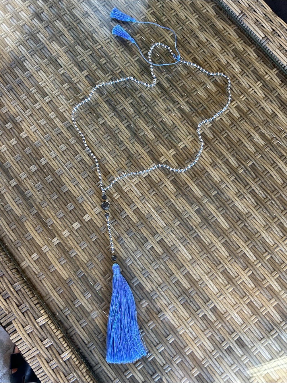 Blue Tassel Bead Necklace with Silver Accents - Women's Jewelry